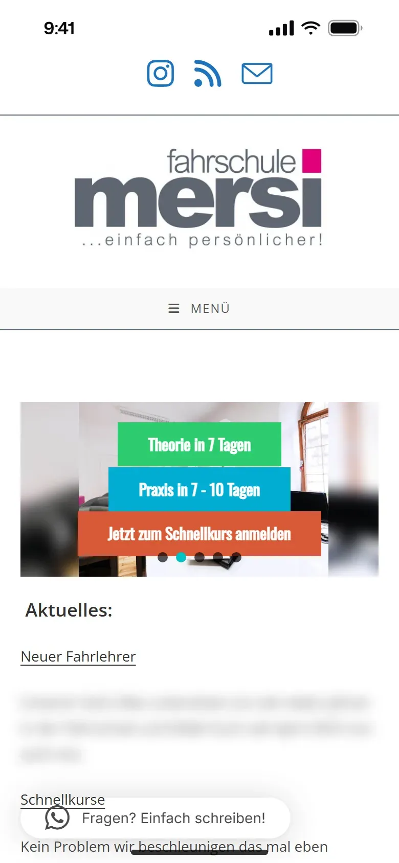 Die alte Website der Fahrschule Mersi, Stand 09/2026, am Handy