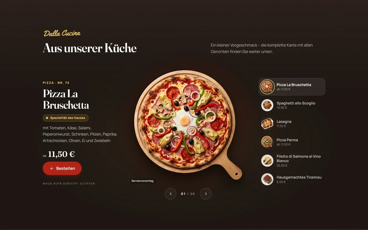 Die Website von La Bruschetta in Lohr am Laptop: „Aus unserer Küche“ mit Pizza, Pasta und Tiramisu, gebaut von Mersi Studio